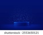 3D dark blue cylindrical podium background with lighting dot in semi circle shape. Minimalist mockup pedestal. Abstract product display scene presentation, Stage for showcase. Vector platforms design.