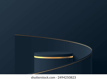 3D dark blue cylindrical podium background with golden roll wrap paper wall scene. Minimalist mockup pedestal, Abstract product display presentation, Stage showcase. Platforms vector geometric design.