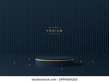 3D dark blue cylindrical podium background with vertical serrated pattern wall scene. Minimalist 3D mockup pedestal, Abstract product display presentation, Stage showcase. Vector platforms design.