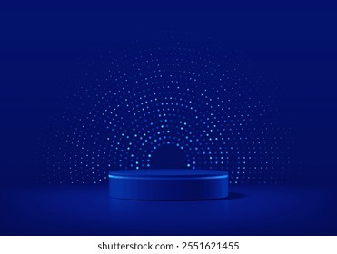 3D dark blue cylindrical podium background with lighting dot in semi circle shape. Minimalist mockup pedestal. Abstract product display scene presentation, Stage for showcase. Vector platforms design.