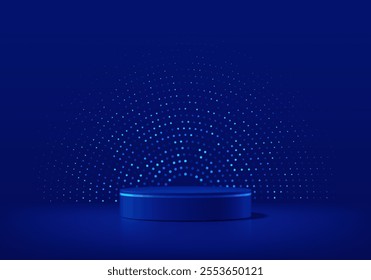 3D dark blue cylindrical podium background with lighting dot in semi circle shape. Minimalist mockup pedestal. Abstract product display scene presentation, Stage for showcase. Vector platforms design.