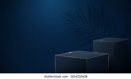 3d Dark blue and gold boxes podium display with Luxury concept. Vector Illustration