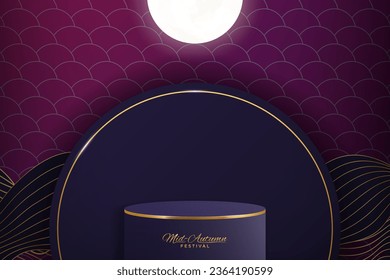 3D Dark Blue and Gold cylinder podium pedestal for Mid-Autumn Festival with full moon and oriental design elements. Realistic Interior scene fore showcases, promotional display, studio, platform.