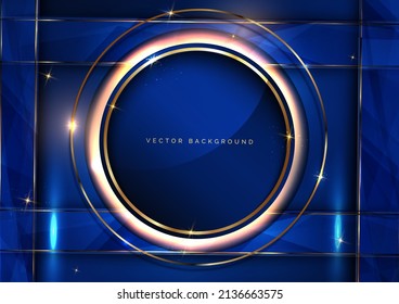 3D Fondo de lujo azul oscuro con brillantes líneas de borde de círculo dorado con chispas con espacio de copia para texto. Ilustración del vector