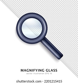 3d dark blue magnifying glass. Top view of glossy magnifier with transparent lens. Cartoon loupe, reading glass, zoom tool, optical microscope isolated on white and transparent background.