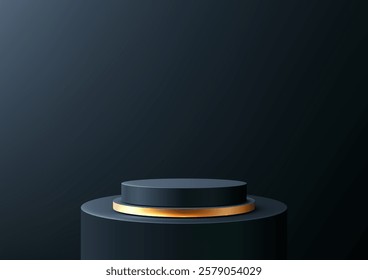 3D dark blue podium with a golden band against a sleek black background. A spotlight highlights the design, luxurious product displays, branding, and elegant mockup showcases