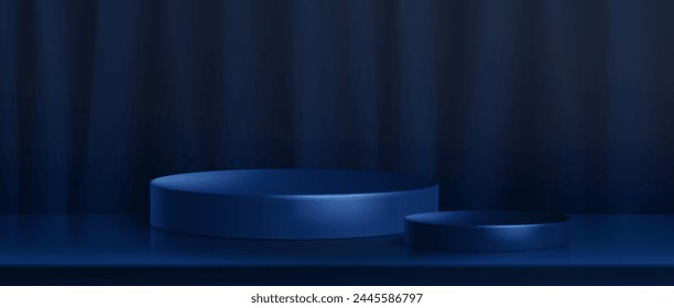 3d dark blue podium. Product display platform. Abstract studio room with empty stage. Navy circle pedestal on floor. Luxury realistic presentation banner interior mockup with curtain on background.