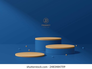 3D dark blue product podium background in wood top with bead balls. Abstract composition in minimalist design. 3D studio display showroom cosmetic product pedestal, Fashion stage showcase mockup scene