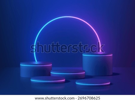 3D dark blue round podium set background with neon lighting in cyber space. Abstract geometric composition minimalist design. Studio display showroom product pedestal, Fashion stage showcase mockup.