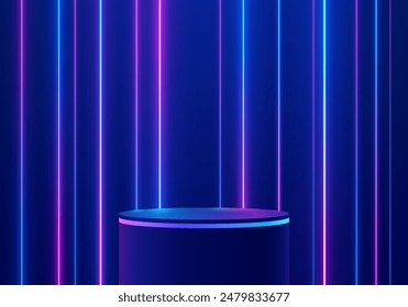 3D dark blue round product podium background with glow neon lighting lines. Abstract futuristic composition in minimalist design. Studio showroom product pedestal, Fashion stage showcase mockup scene.