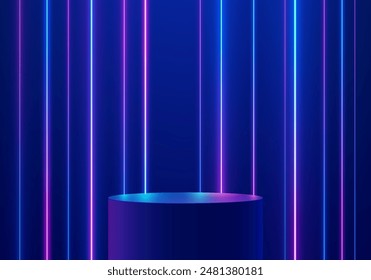 3D dark blue round product podium background with glow neon lighting lines. Abstract futuristic composition in minimalist design. Studio showroom product pedestal, Fashion stage showcase mockup scene.