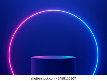 Fondo de podio de producto redondo azul oscuro 3D con líneas de iluminación de neón de círculo. Abstractas diseño minimalista de composición futurista. El pedestal del producto de la sala de exposición del estudio, escena de la maqueta del escaparate de la moda.