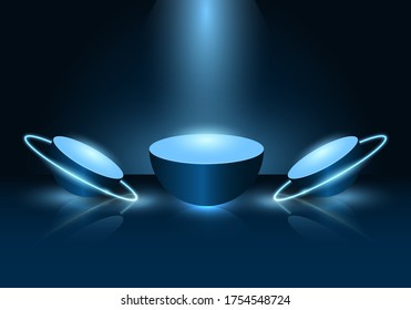 3d dark blue semisphere stand with light blue neon ring.