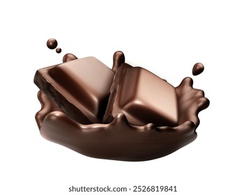 3d dark chocolate bar piece with splash swirl vector. Hot melt choco drink shake. Brown candy sauce or beverage stream and splatter graphic. Fluid ganache texture icon. Realistic creamy cacao design