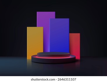 3D dark glowing podium with a red neon base stands before colorful rectangular pillars in a vibrant technology studio, perfect for modern product display and digital mockup scenes