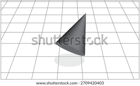3D dark gray cone stands tilted on a white perspective grid floor with a soft shadow beneath its elliptical base.