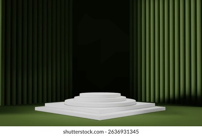 3d fundo de quarto verde escuro com pódio branco e coluna. Exibição do produto com plataforma. Cena de luz geométrica abstrata.