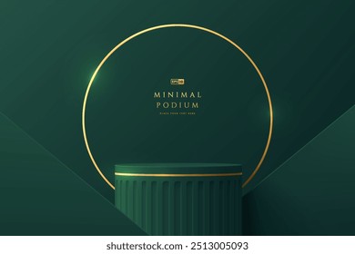 3D dark green round podium and gold stripes, Golden ring background. Abstract composition minimalist design. 3D studio display showroom cosmetic product pedestal, Fashion stage showcase mockup scene.