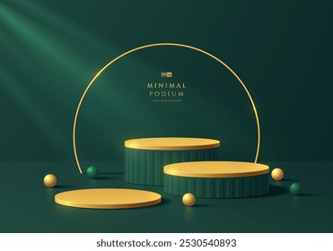 3D dark green round podium background with golden circle frame and ball. Abstract geometric composition minimalist design. Studio display showroom product pedestal, Fashion stage showcase mockup scene