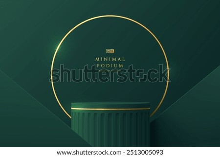 3D dark green round podium and gold stripes, Golden ring background. Abstract composition minimalist design. 3D studio display showroom cosmetic product pedestal, Fashion stage showcase mockup scene.