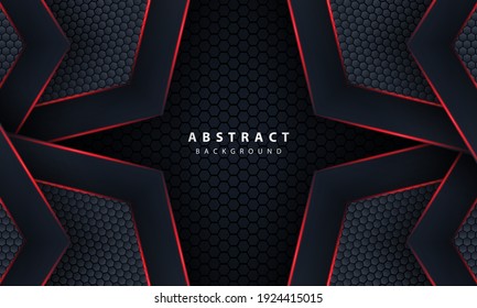 3d dark hexagon with red line light in vector illustration of modern gray luxury futuristic background.