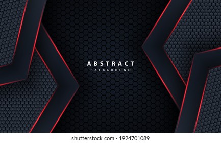3d dark hexagon with red line light in vector illustration of modern gray luxury futuristic background.