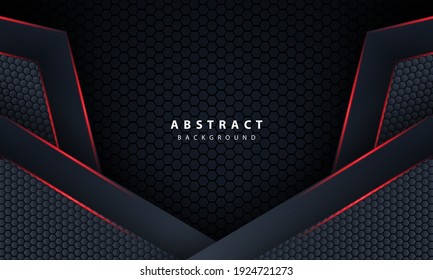 3D dunkles Hexagon mit rotem Linienlicht in Vektorgrafik von modernem grauem, futuristischem Hintergrund.