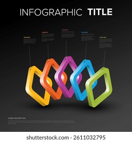 A 3D dark infographic featuring overlapping, colorful rhombus shapes with corresponding information text boxes. The vibrant design is ideal for presenting data or concepts visually.