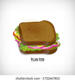 3d dark integral bread toasts with sliced avocado, salad pepper, onion, lettuce leaves. Sandwich for lunch, dinner, breakfast, snack. Lettering Vegan Food. Vector illustration of healthy food.