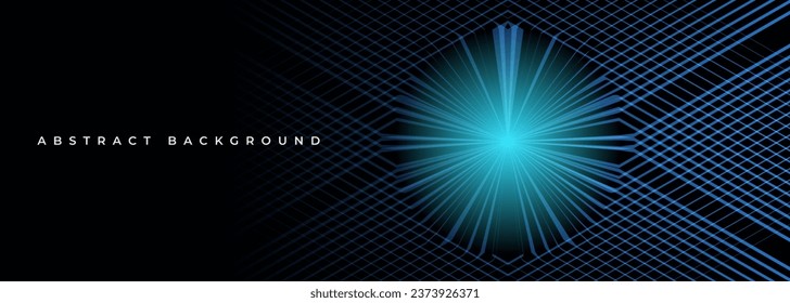 3D dunkler, moderner abstrakter Hintergrund mit blauem, gestreiftem Raster und blauem hellen Lichteffekt. Futuristische Technologie Konzept Banner Design. Vektorgrafik