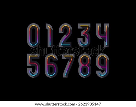 3d dark numbers, numerals 0 to 9 with bright colorful line, vector illustration 10EPS