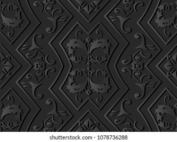 3D dark paper art Check Polygon Frame Spiral Cross Vine Leaf Flower, Vector stylish decoration pattern background for web banner greeting card design