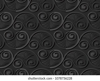 3D dark paper art Curve Spiral Vortex Fan Leaf Frame Vine, Vector stylish decoration pattern background for web banner greeting card design