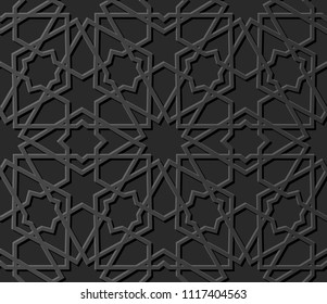 3D dark paper art Islamic geometry cross pattern seamless background, Vector stylish decoration pattern background for web banner greeting card design