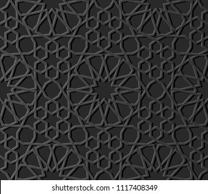 3D Dark Paper Art Islamic Geometry Cross Pattern Seamless Background, Vector Stylish Decoration Pattern Background For Web Banner Greeting Card Design