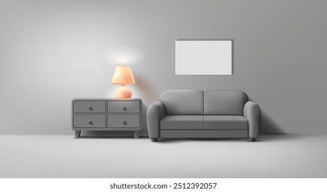 Habitación moderna realista oscura 3D con un sofá, lámpara de pie, mesita de noche y cuadro en la pared. Interior oscuro. Plantilla para conceptos de interiorismo, mobiliario, comodidad, oficina. Ilustración vectorial.