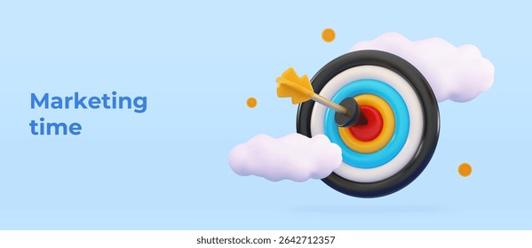 3d Seta dardo atingiu o centro do alvo Conceito de tempo de marketing Meta de financiamento de negócios Objetivo de sucesso Alcance do alvo