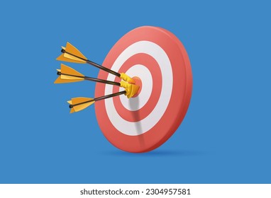 3D dart board with arrows hit on center of target, the success business target customer online. Digital marketing, EPS 10 vector 3D render. Banner business