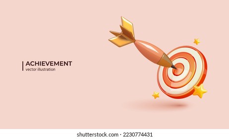 3D Dart hit on Center of Target. Realistic 3d Design of Success business target customer online marketing consultants. Vector illustration in cartoon minimal style.