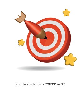 3D Dart hit on Center of Target. Realistic 3d Design of Success business target customer online marketing consultants. Vector illustration in cartoon minimal style.