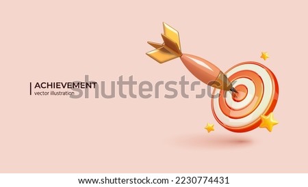 3D Dart hit on Center of Target. Realistic 3d Design of Success business target customer online marketing consultants. Vector illustration in cartoon minimal style.
