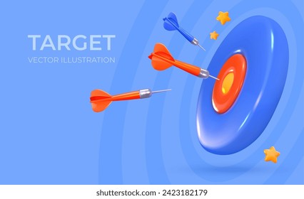 3D darts with a dart hitting the target. Concept of victory and achieving a goal. Vector illustration