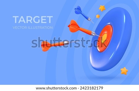 3D darts with a dart hitting the target. Concept of victory and achieving a goal. Vector illustration
