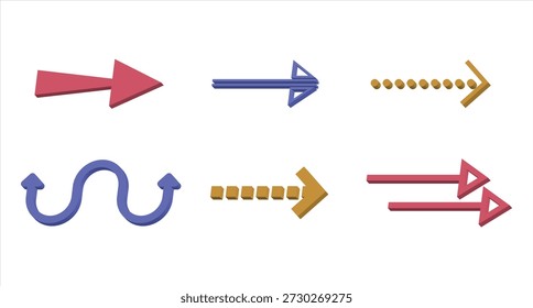 3D Dashed and Curved Arrow Icon Set (Forward, Double Arrow, Wavy Arrow, Direction) – Vector Icons, Transparent Background