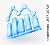 3D data analysis icon. Graph material is transparent blue glass. Isolated on white background. Vector illustration file.