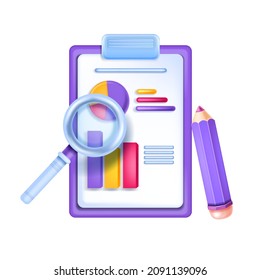 3D data analysis icon, vector business report research dashboard illustration, document paper clipboard. Finance risk analytics growth, magnifying glass, digital chart, survey statistics. 3D data