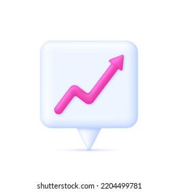 Ilustración de análisis de datos 3D y burbuja de voz. Arrow muestra el éxito de la estrategia de negocios. Concepto de inversión y crecimiento financiero.