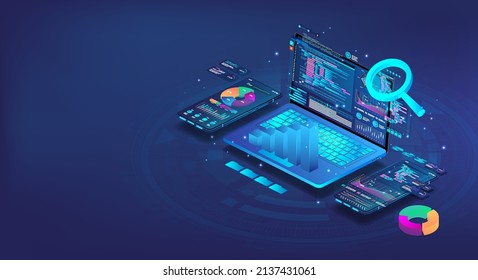 3D Data analytics on different devices phone or laptop in isometry. Software development and application coding process. Business analytics, programming or cross-platform code testing. Vector 3D