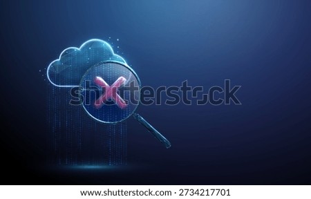 3d data cloud with magnifying glass with red cross. Error detection, invalid data, failed verification, troubleshooting, data analysis, information monitoring concept. Futuristic digital style Vector.