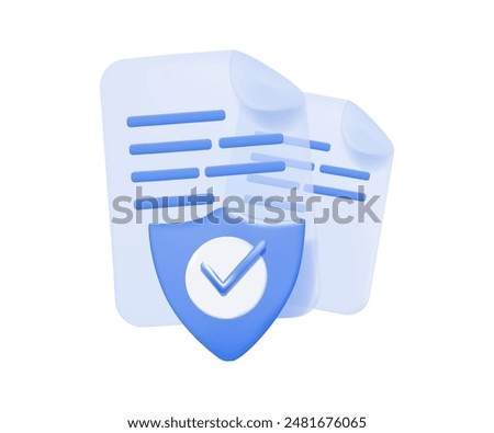 3D Data protection Concept. Policy Guarantee Business, Business Insurance. 3D render illustration with Check Mark, Shield and documents. Finance and insurance service. 3D vector